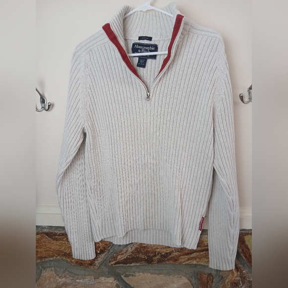 Abercrombie & Fitch Men's Half Zip Muscle oatmeal sweater Size Large Preloved - Picture 6 of 9